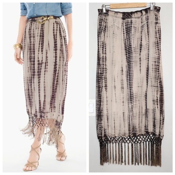 Chico's Tie-Dye Fringe Maxi Skirt. Boho. Brown.  Tan. Stretch waist. - Picture 1 of 16